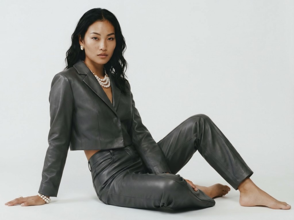 Acco campaign — model in charcoal leather with layered pearl necklace, bracelet, and ring on white